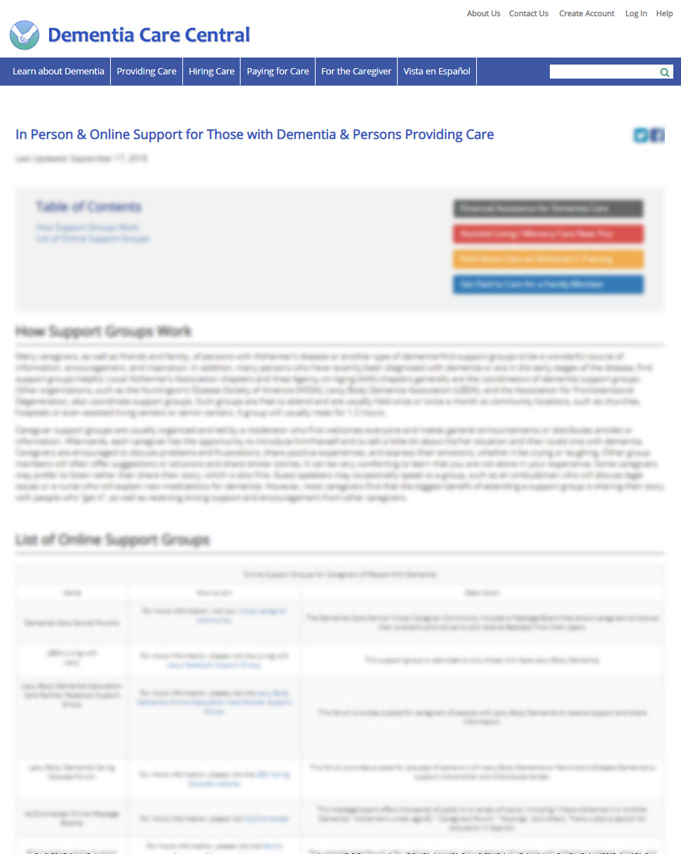 In Person & Online Support for Those with Dementia & Persons Providing Care